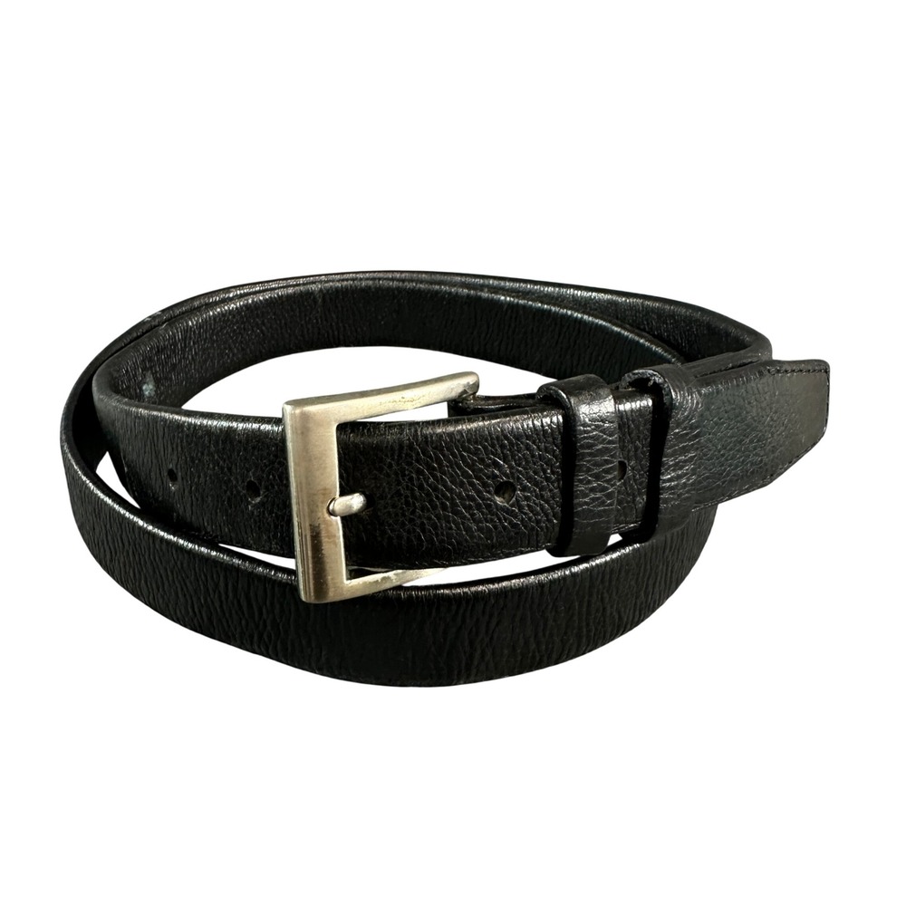 Mens Black Genuine Leather Belt 42 44 Silver Square Buckle Pebbled 76111